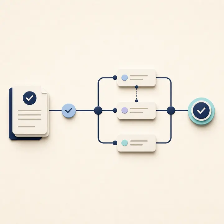 Editorial illustration of a product brief branching into several delivery records and a final check
