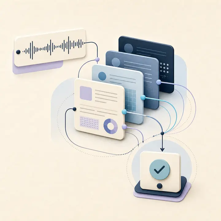 Editorial illustration of product evidence cards converging on a checked decision node