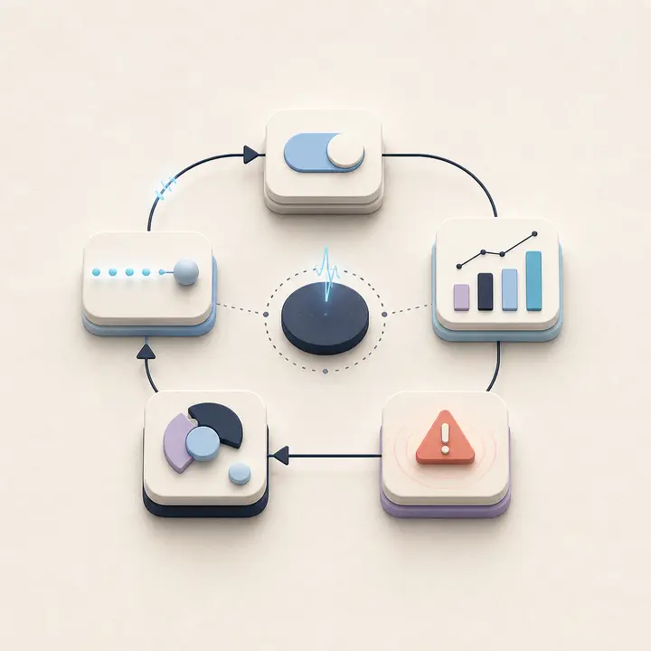 Editorial illustration of runtime signals, charts, a feature toggle, and an alert in a feedback loop