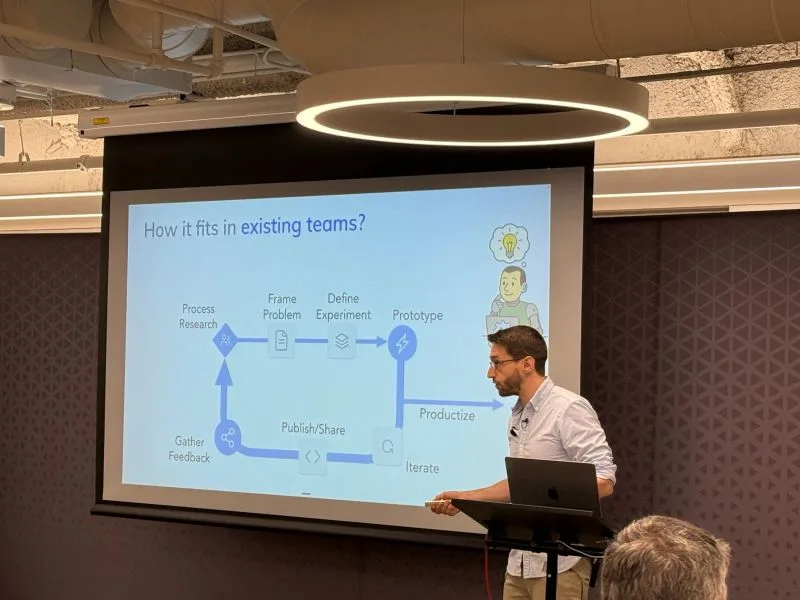 Jorge leading a ProductTank San Francisco workshop with the audience and presentation visible.