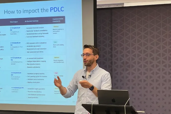 Jorge Alcantara presenting how AI can impact the product development lifecycle at Product Anchor.