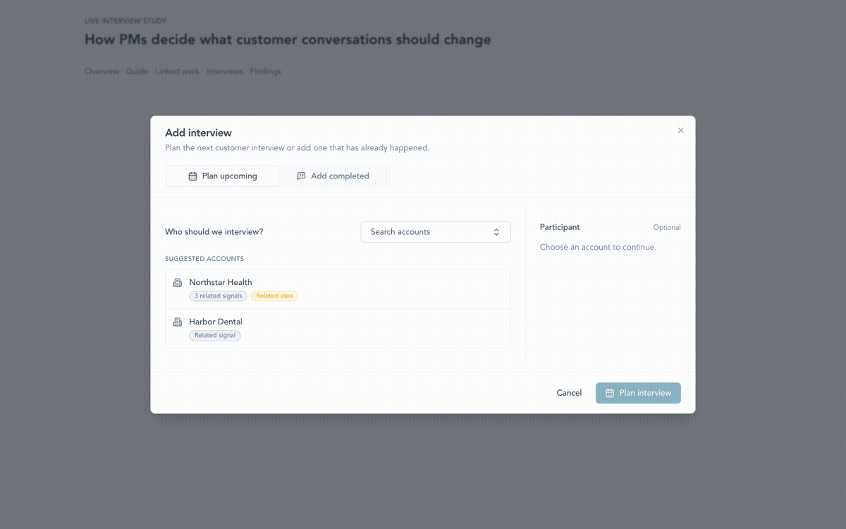 Live Interview planning dialog showing suggested accounts, related signals, and optional participant details.
