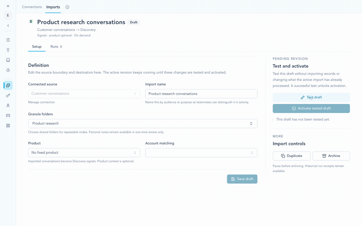 Animated saved import setup showing a draft being tested without importing records, activated, and scheduled every 24 hours.