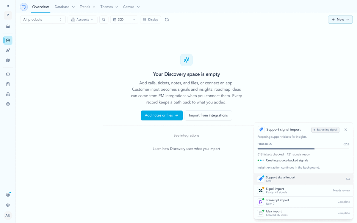 A Discovery import continues in the background while Zentrik prepares source-backed signals, links created insights, and keeps the receipt available.
