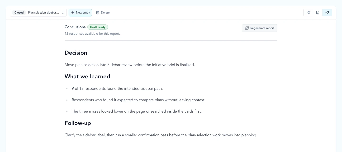 Study conclusions view showing a generated decision report with response-backed learnings and follow-up.