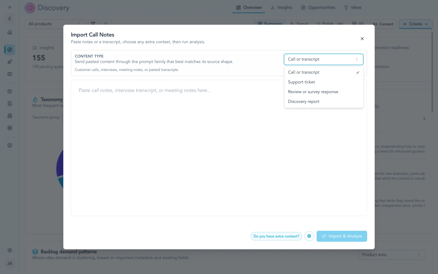 Discovery import flow showing paste or upload content types for any text.