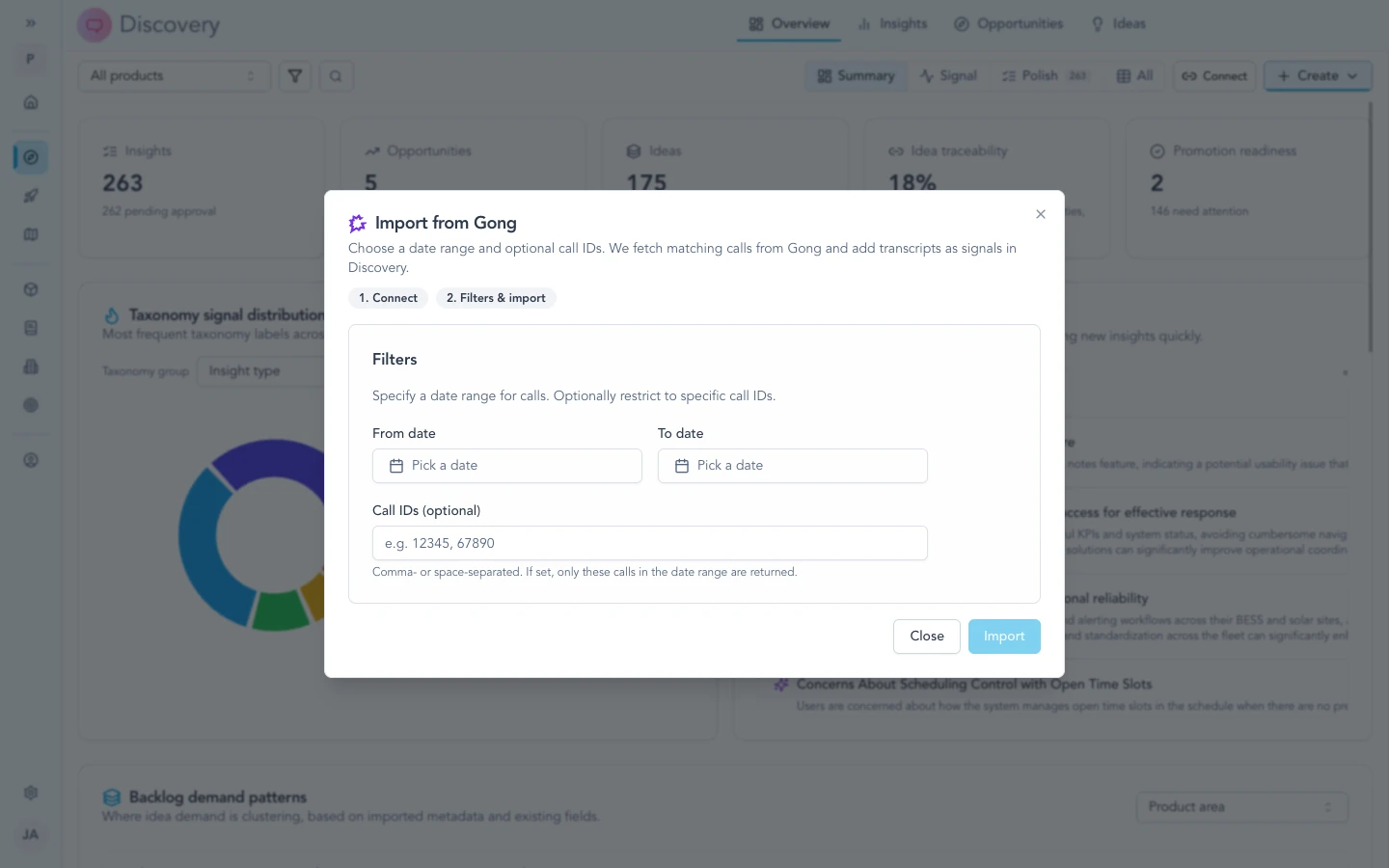 Gong call list with filters while importing into Discovery.