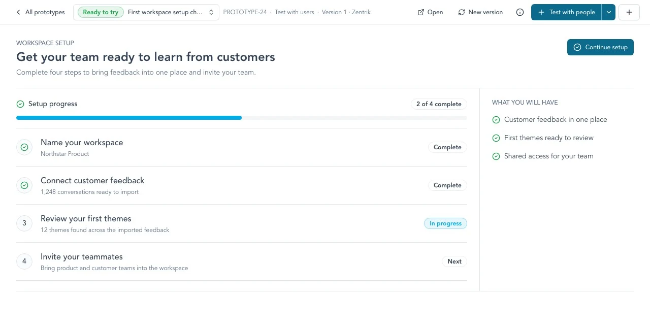 Ready prototype workspace with the working preview, pinned revision, and Test with people split action.