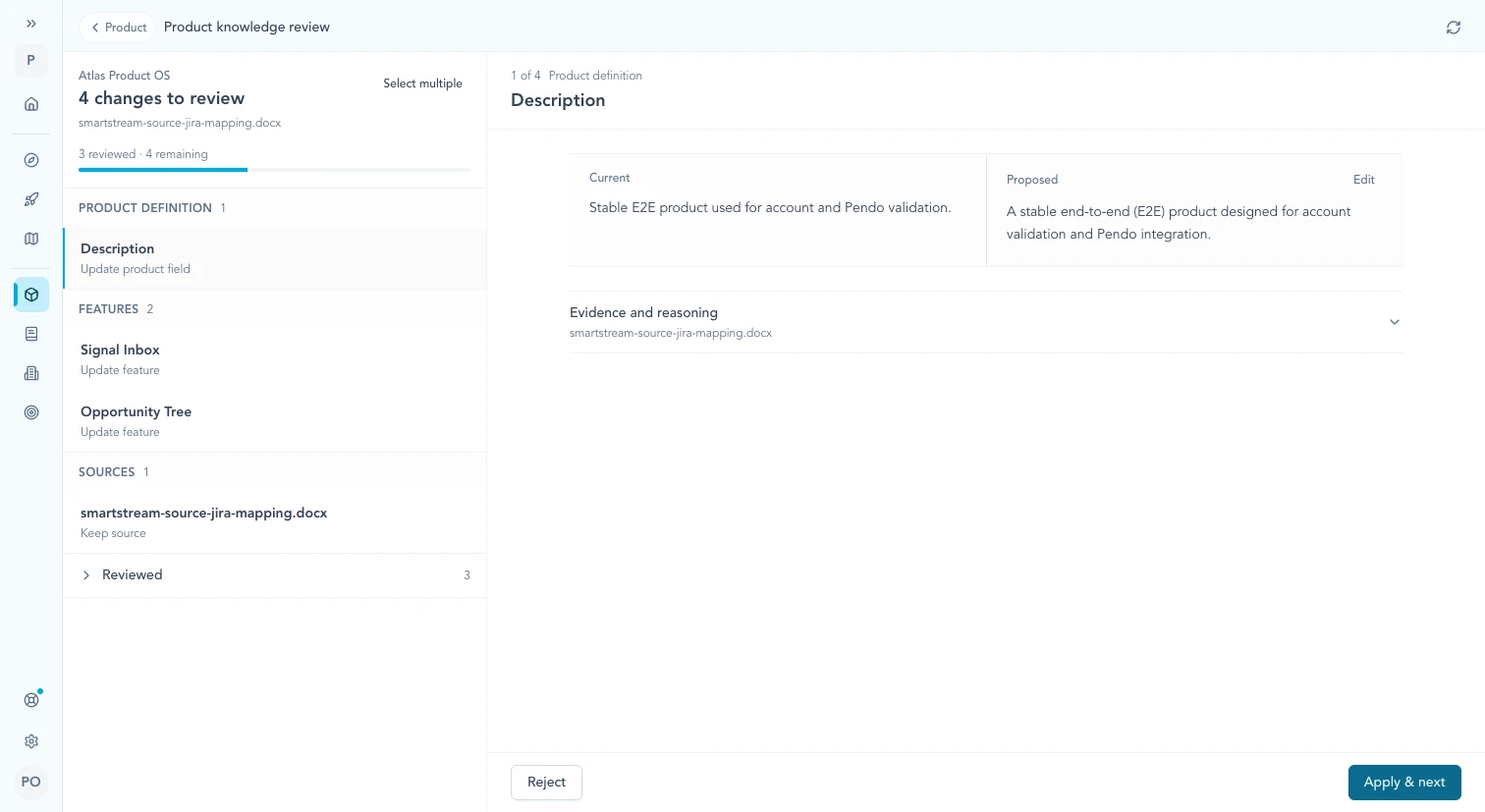 Product knowledge review with grouped proposals, a source-backed comparison, and clear edit, reject, and apply actions.