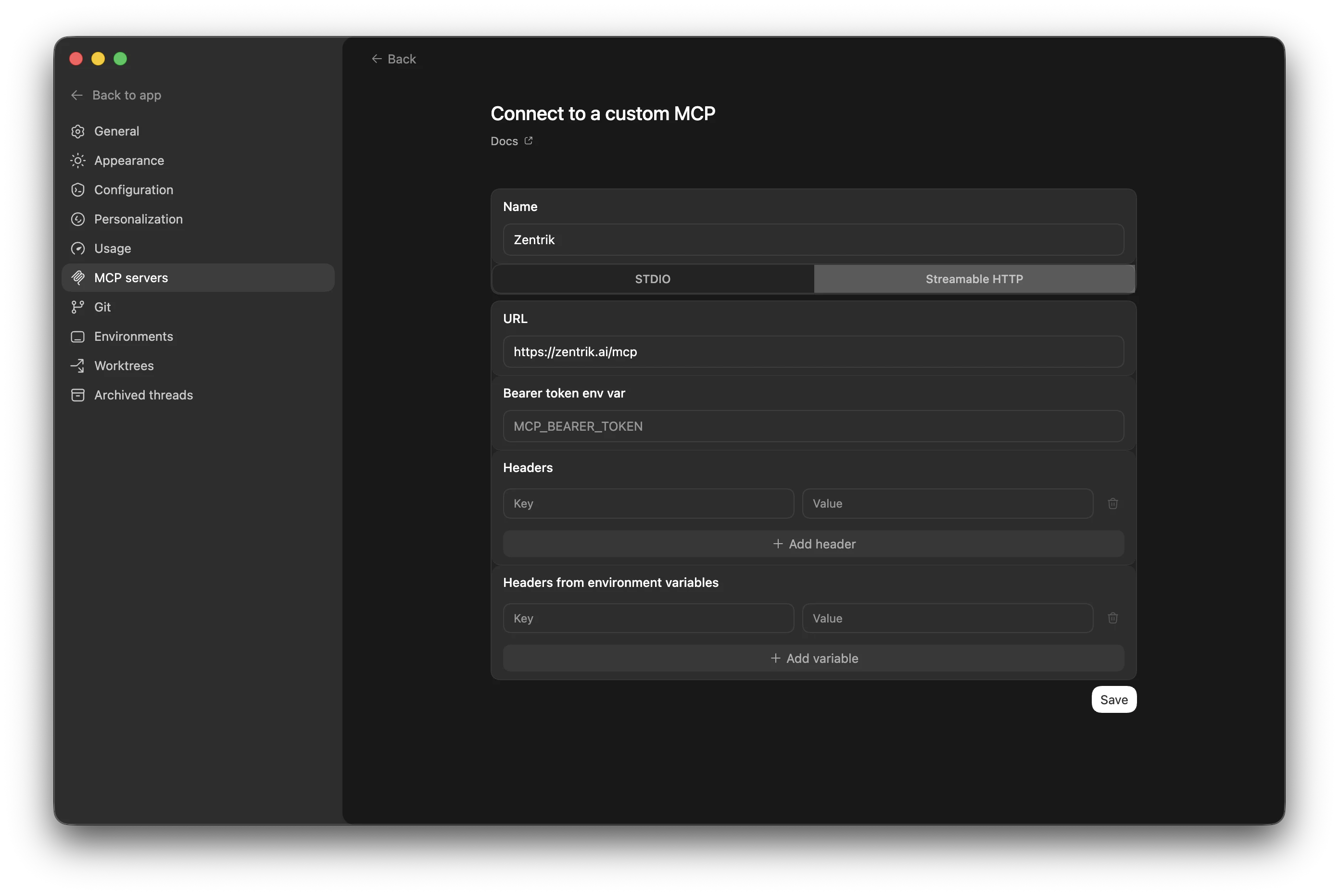 Codex custom MCP form showing the Zentrik MCP URL and Streamable HTTP transport.