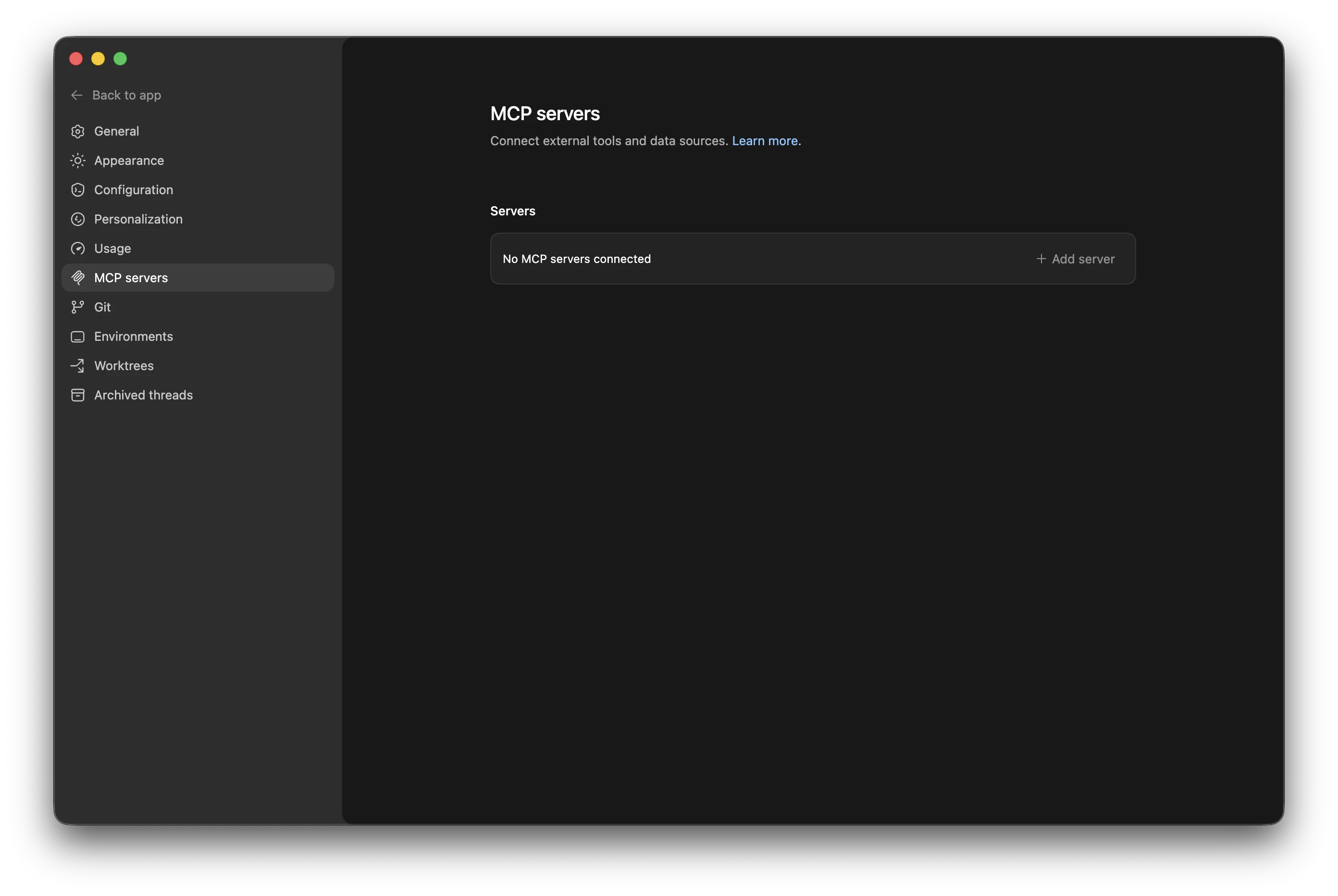 Codex settings showing the MCP Servers screen before any server has been added.