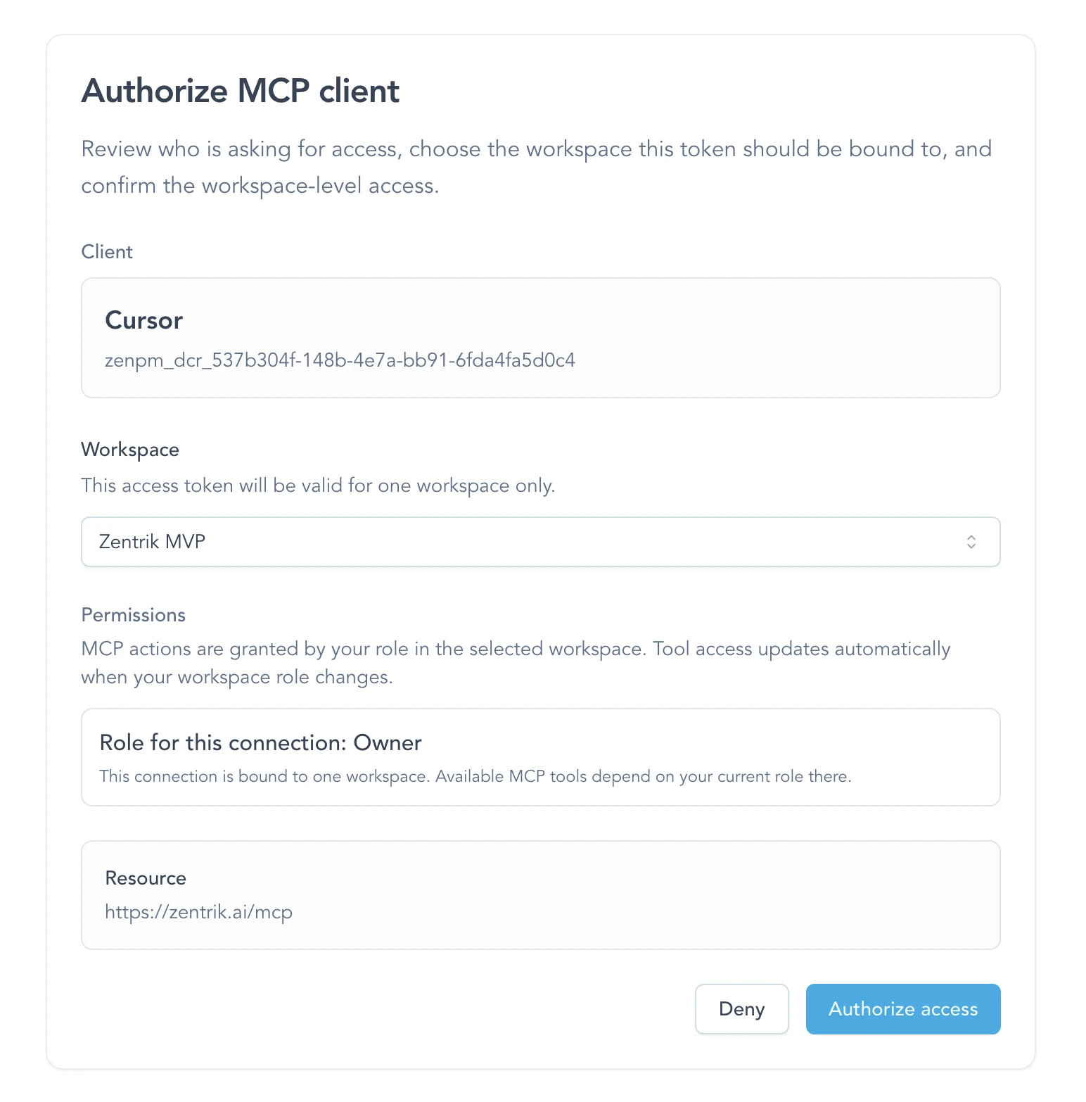 Zentrik OAuth consent screen showing workspace selection and resource binding for an MCP client.