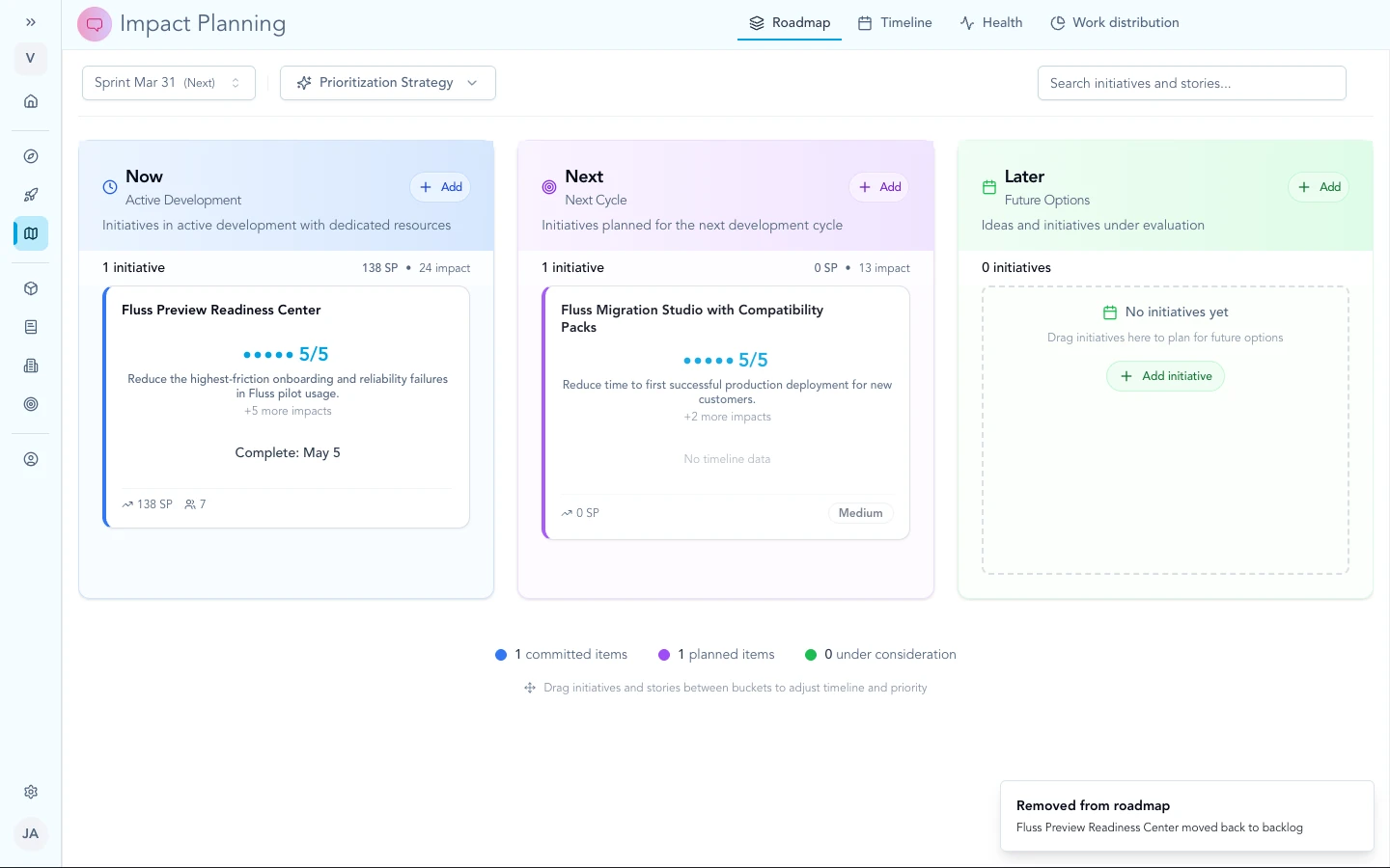 Impact Planning roadmap board with initiatives in Zentrik.