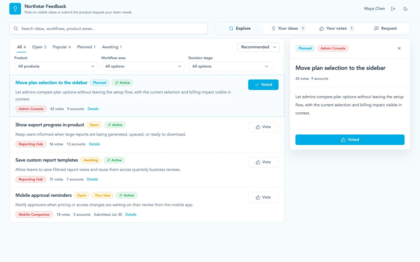 Customer-facing Ideas Portal showing searchable ideas, filters, voting, and an idea detail panel.