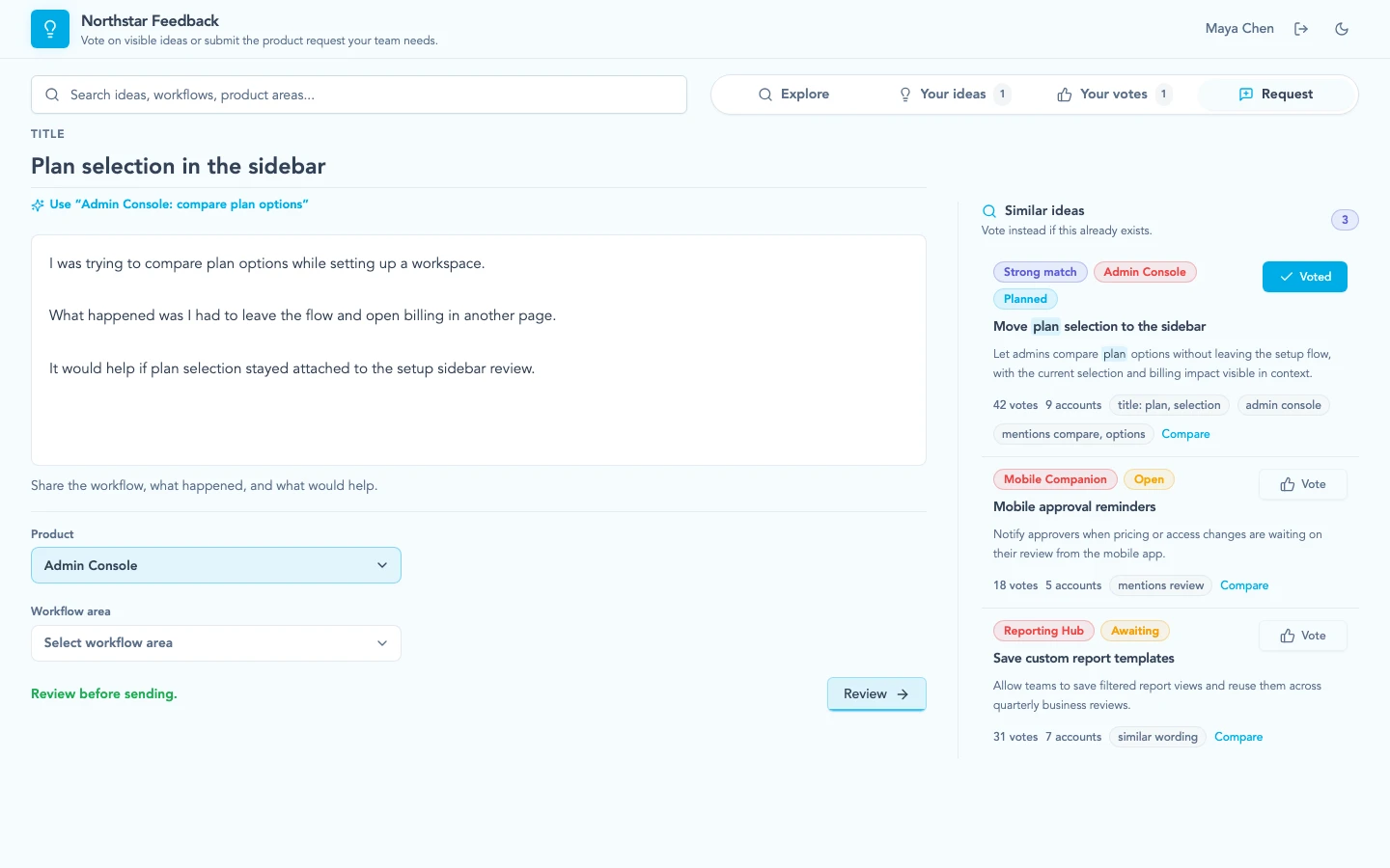 Ideas Portal request form showing a customer request, product classification, and similar ideas to vote on instead.
