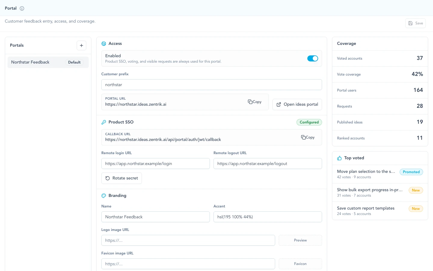 Portal settings screen showing access, SSO, branding, products, taxonomies, coverage, and top voted ideas.