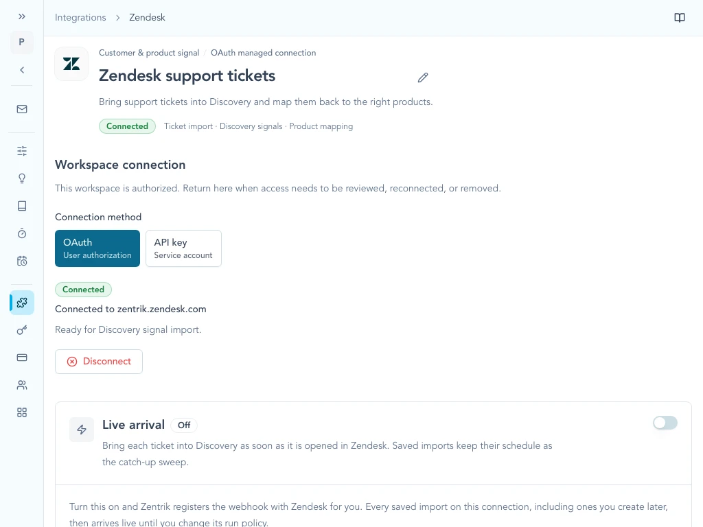 Zendesk integration settings showing a connected Zendesk address, the Disconnect button, and live arrival.