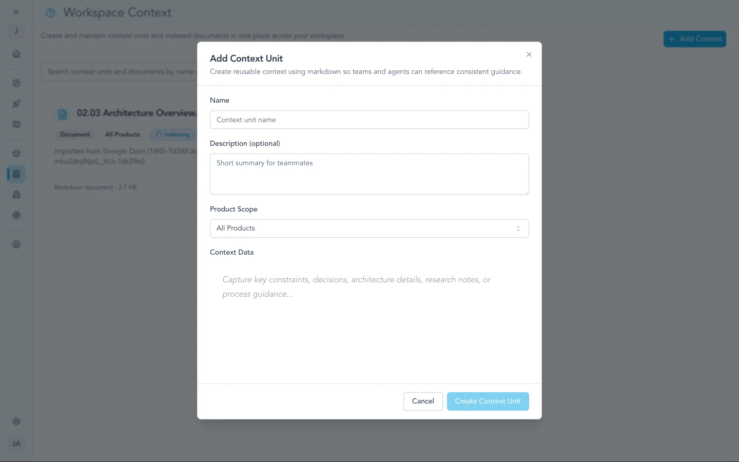Modal to add a workspace context unit for narrative or reference material.