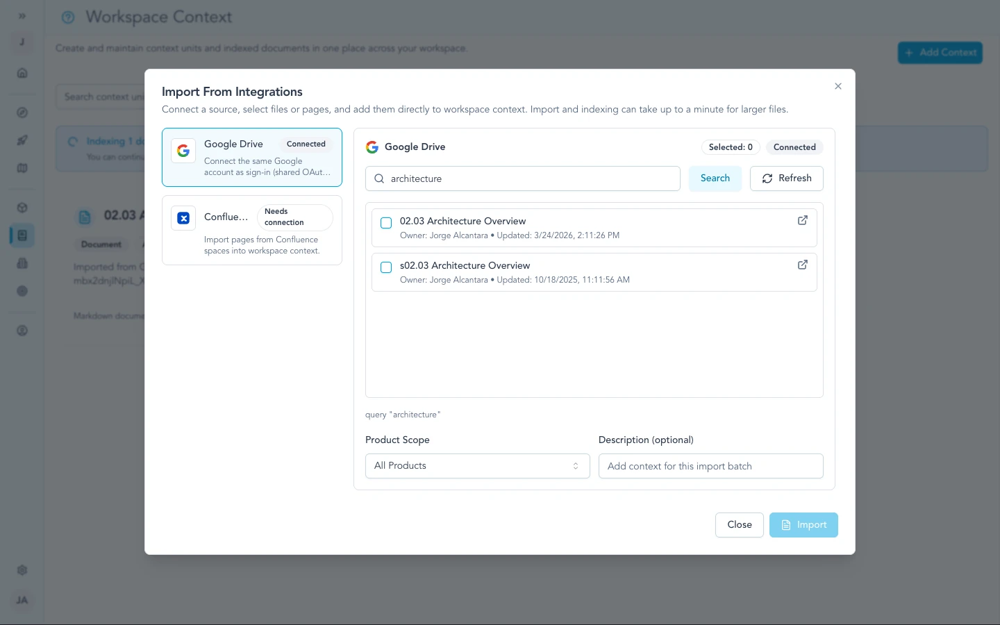 Modal to search Google Drive files to import into workspace context.