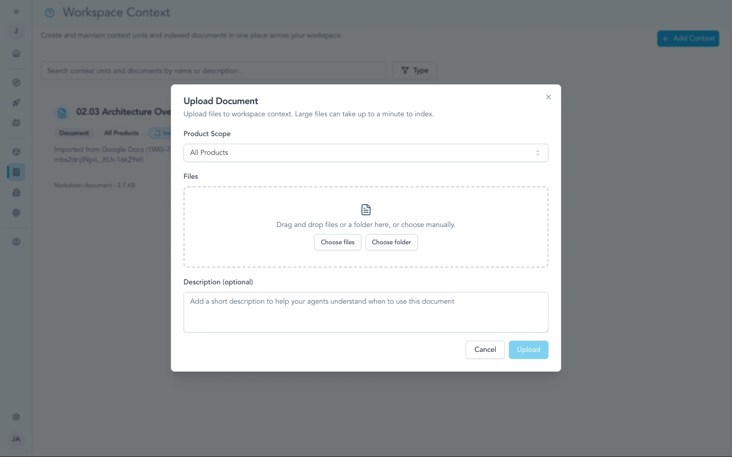 Upload document modal for adding files to workspace context.