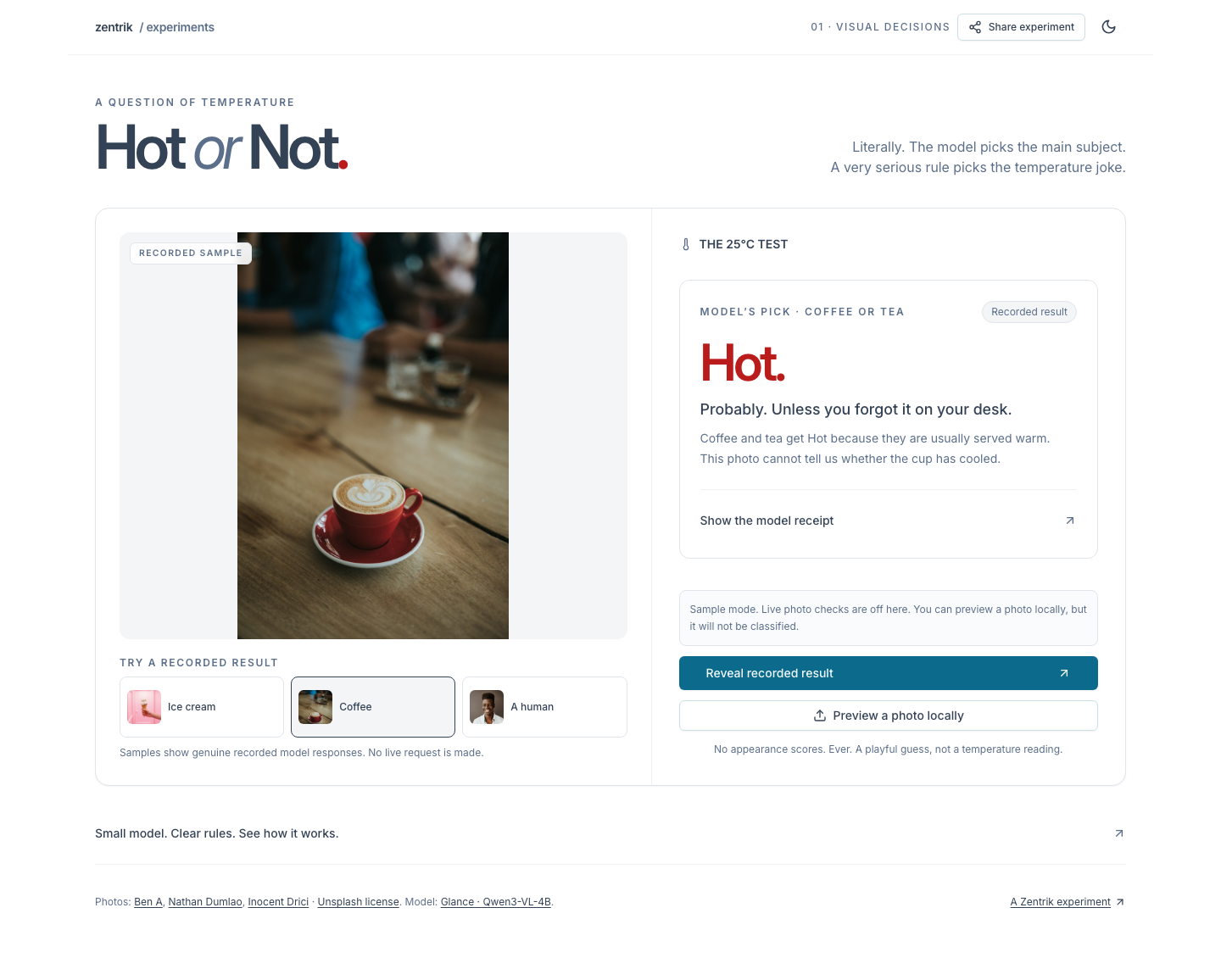 Hot or Not sample mode shows a selected coffee example and its recorded classification result while live photo checks are off.